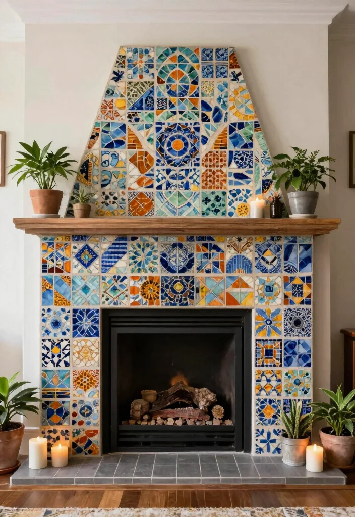 10 Empty Fireplace Ideas to Style Unused Spaces 10. Craft a Mosaic or Tiled Design 0