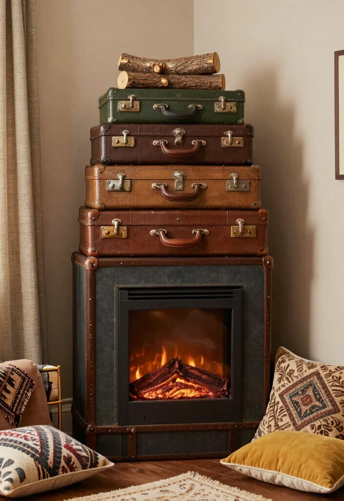 10 Faux Fireplace Ideas for Budget Friendly Decor 5. Vintage Suitcase Faux Fireplace 0