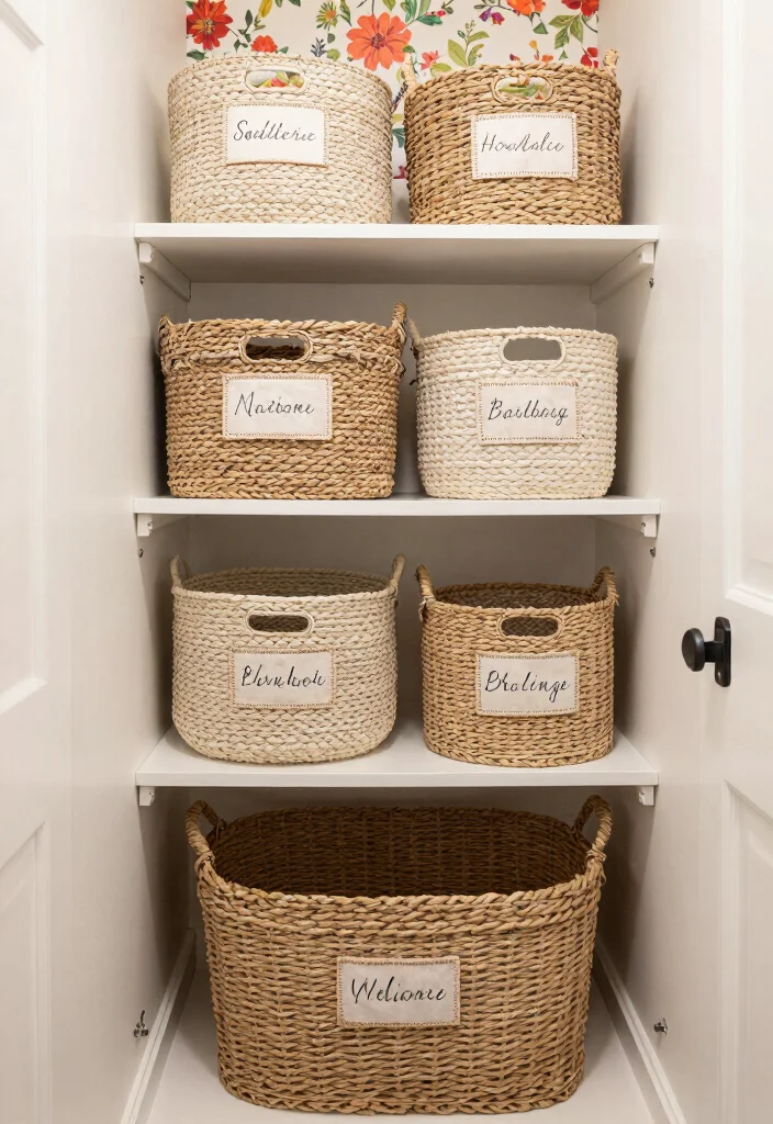 10 Laundry Closet Ideas to Keep Small Spaces Neat 5. Decorative Baskets and Containers 0