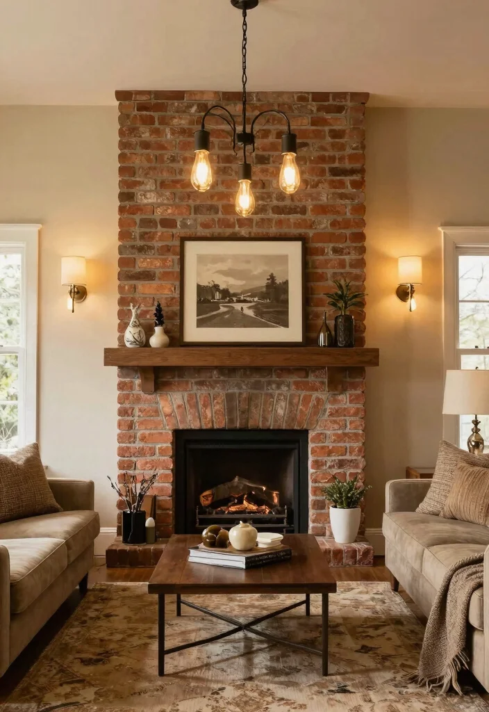 12 Brick Fireplace Ideas for Timeless Character 62 12 Brick Fireplace Ideas for Timeless Character 12. Statement Lighting Features 0
