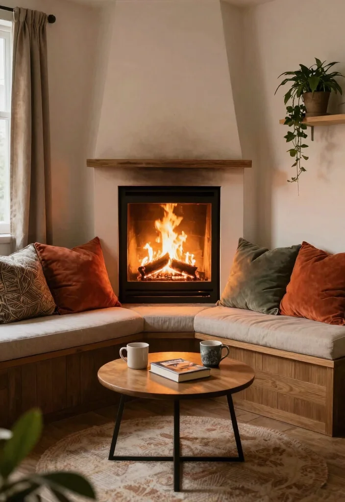 12 Corner Fireplace Ideas That Save Space 9. Cozy Corner Benches 0