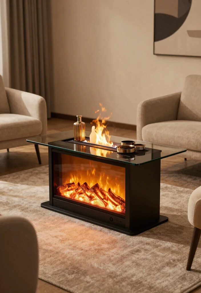 12 Electric Fireplace Ideas for Easy Modern Warmth 3. Electric Fireplace Table for Dual Functionality 0