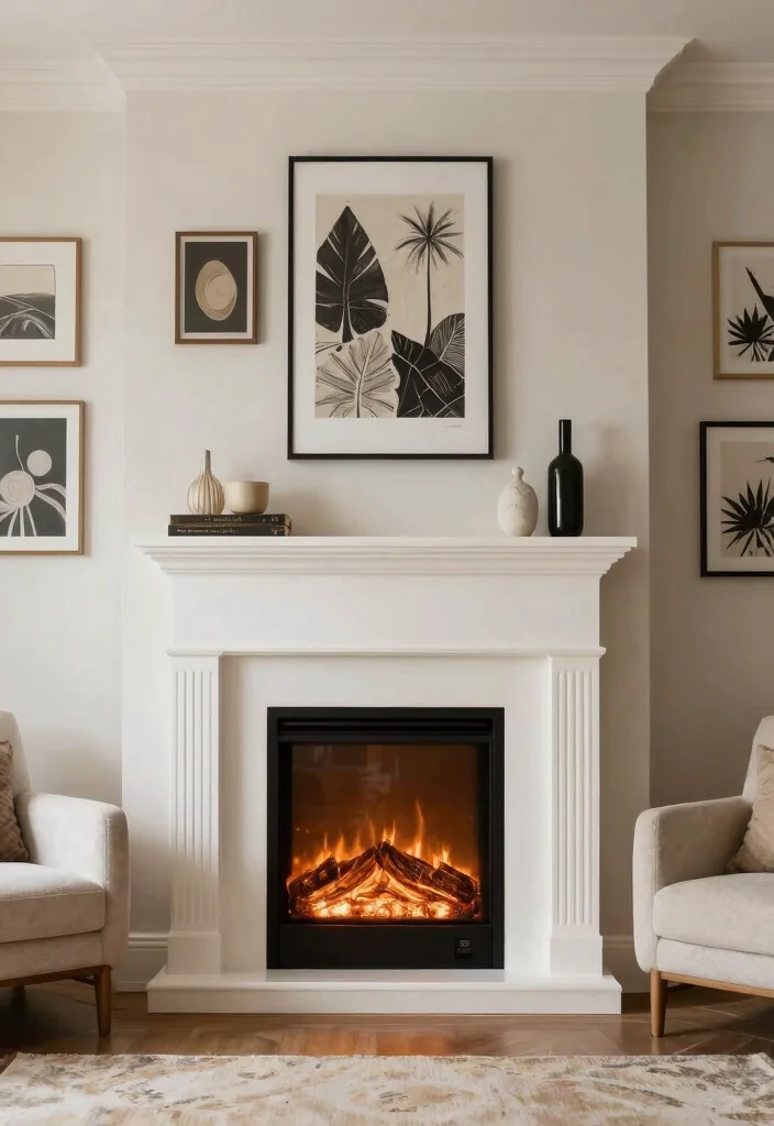 12 Electric Fireplace Ideas for Easy Modern Warmth 5. Electric Fireplace with Decorative Wall Art 0