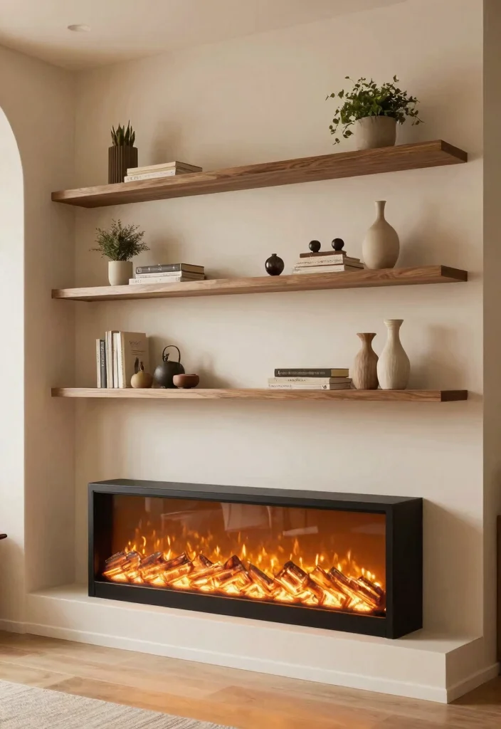 12 Electric Fireplace Ideas with TV for Small Living Rooms 62 12 Electric Fireplace Ideas with TV for Small Living Rooms 12. Floating Shelves and Fireplace 0