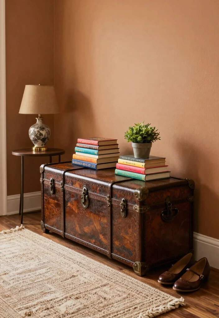 12 Entryway Ideas with Bench for Seating and Storage 13 12 Entryway Ideas with Bench for Seating and Storage 3. Vintage Trunk Bench 0