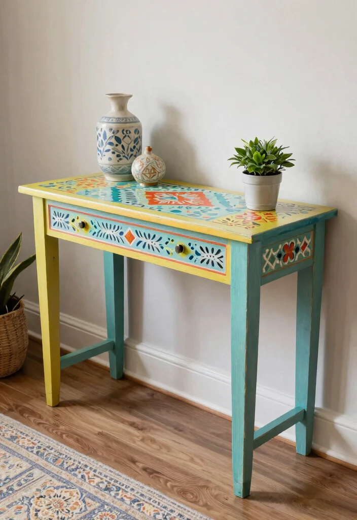 12 Entryway Table Ideas for Storage and Decor 10. Painted Table with Stencil Art 0