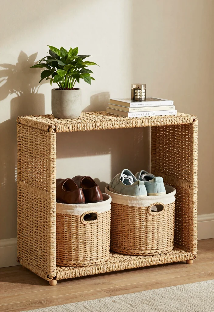 12 Entryway Table Ideas for Storage and Decor 9. Basket Style Entryway Table 0