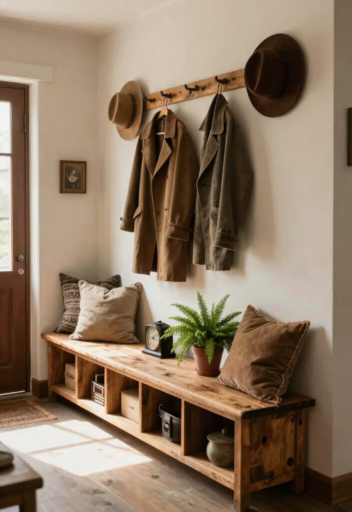 12 Farmhouse Entryway Ideas with Cozy Character 1. Rustic Bench with Storage 0