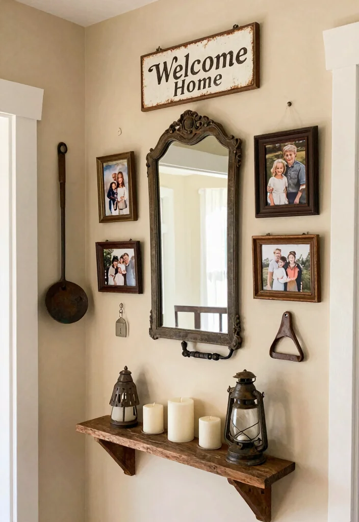 12 Farmhouse Entryway Ideas with Cozy Character 2. Vintage Wall Decor 0