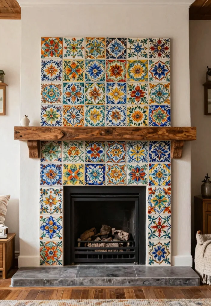 12 Fireplace Tile Ideas for Texture and Style 2. Hand Painted Ceramic Tiles 0