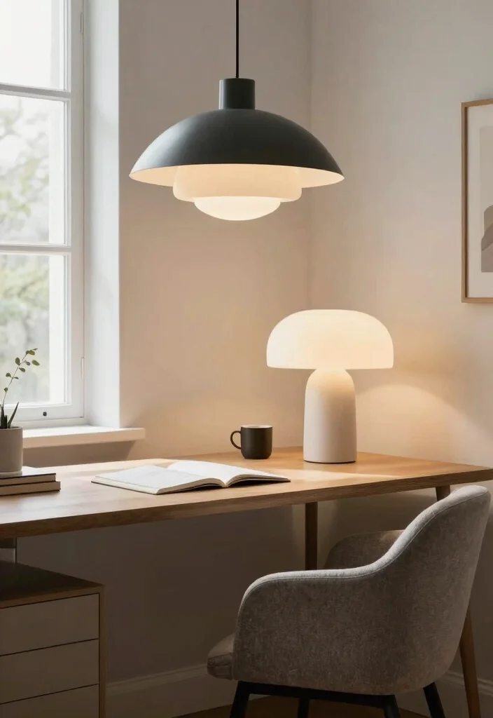 12 Home Office Ideas for Women with Stylish Details 11. Unique Lighting Fixtures 0