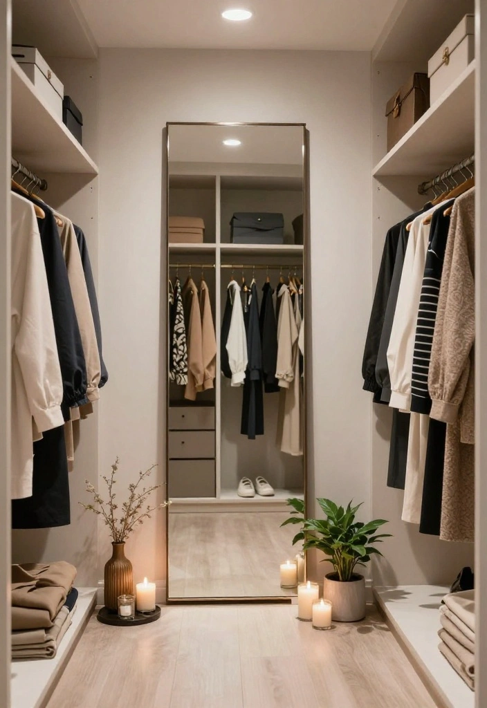 12 Narrow Walk-in Closet Ideas That Still Feel Comfortable 2 12 Narrow Walk in Closet Ideas That Still Feel Comfortable 2. Incorporating Mirrors for Depth 0