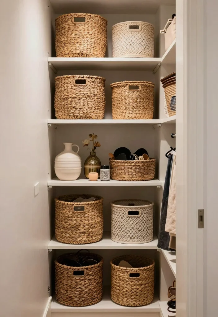 12 Narrow Walk-in Closet Ideas That Still Feel Comfortable 35 12 Narrow Walk in Closet Ideas That Still Feel Comfortable 5. Stylish Baskets and Bins 0