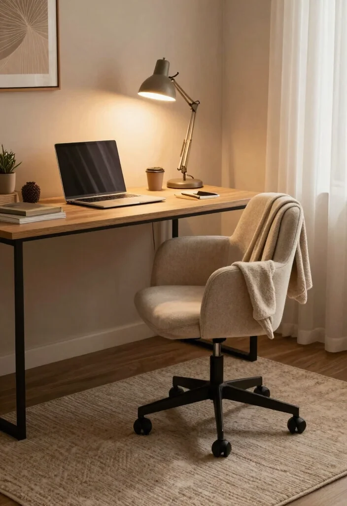 12 Office Desk Ideas for Clean and Functional Setups 11. Cozy Nook with Layered Textures 0