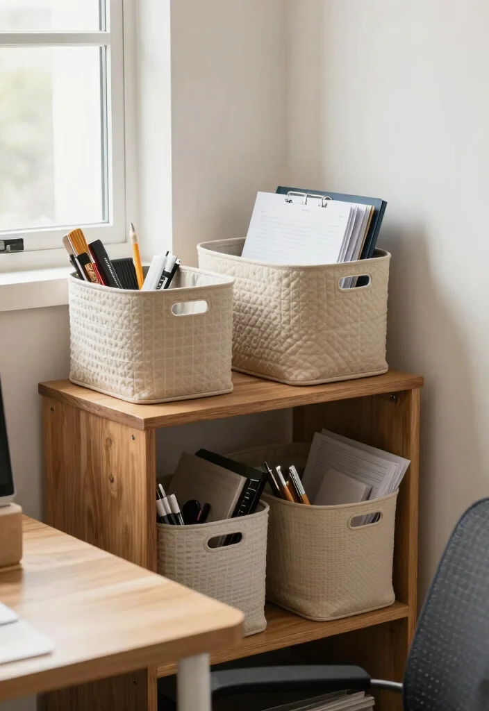 12 Small Home Office Ideas That Feel Organized 8. Organize with Stylish Baskets 0