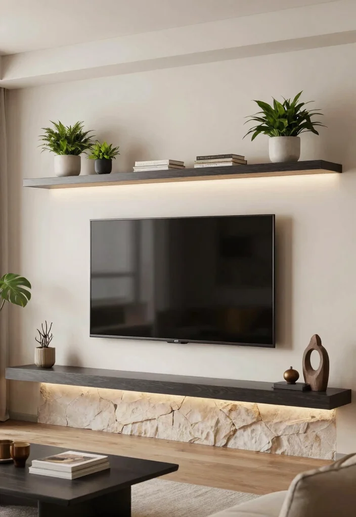 12 TV Above Fireplace Ideas That Actually Work 2. Implement a Floating Shelf Above the TV 0 1