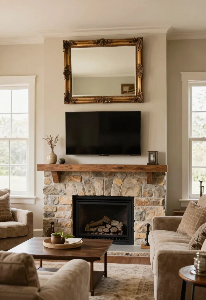 12 TV Above Fireplace Ideas That Actually Work 6. Use an Art or Mirror Above the TV 0 1