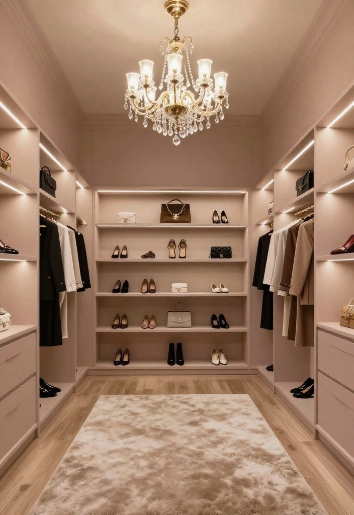 12 Walking Closet Ideas with Practical and Stylish Layouts 12 12 Walking Closet Ideas with Practical and Stylish Layouts 2. Glamorous Lighting 0