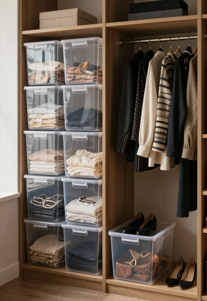 14 Bedroom Closet Ideas That Blend Storage and Style 2. Transparent Storage Bins 0