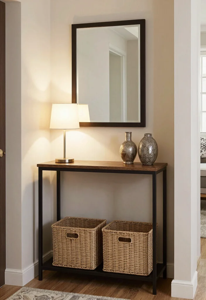 14 Entryway Storage Ideas to Hide Everyday Mess 15 14 Entryway Storage Ideas to Hide Everyday Mess 5. Slim Console Table 0