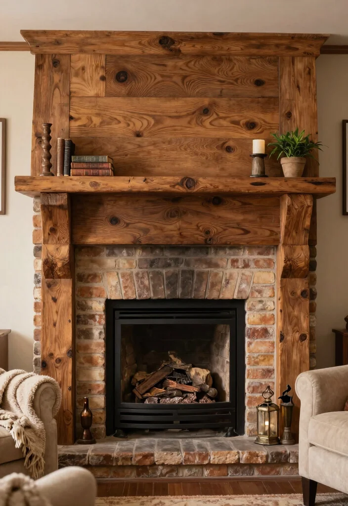 14 Farmhouse Fireplace Ideas with Rustic Warmth 1. Reclaimed Wood Mantel 0