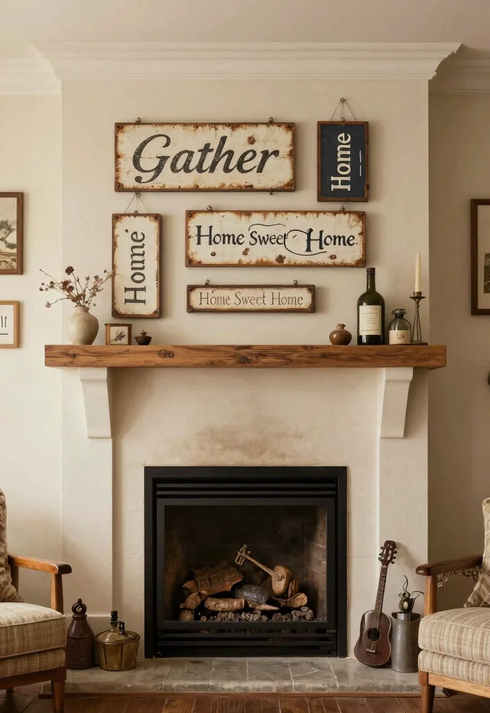 14 Farmhouse Fireplace Ideas with Rustic Warmth 11. Vintage Signs 0