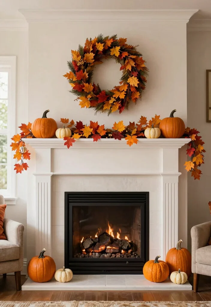 14 Farmhouse Fireplace Ideas with Rustic Warmth 14. Seasonal Decor 0