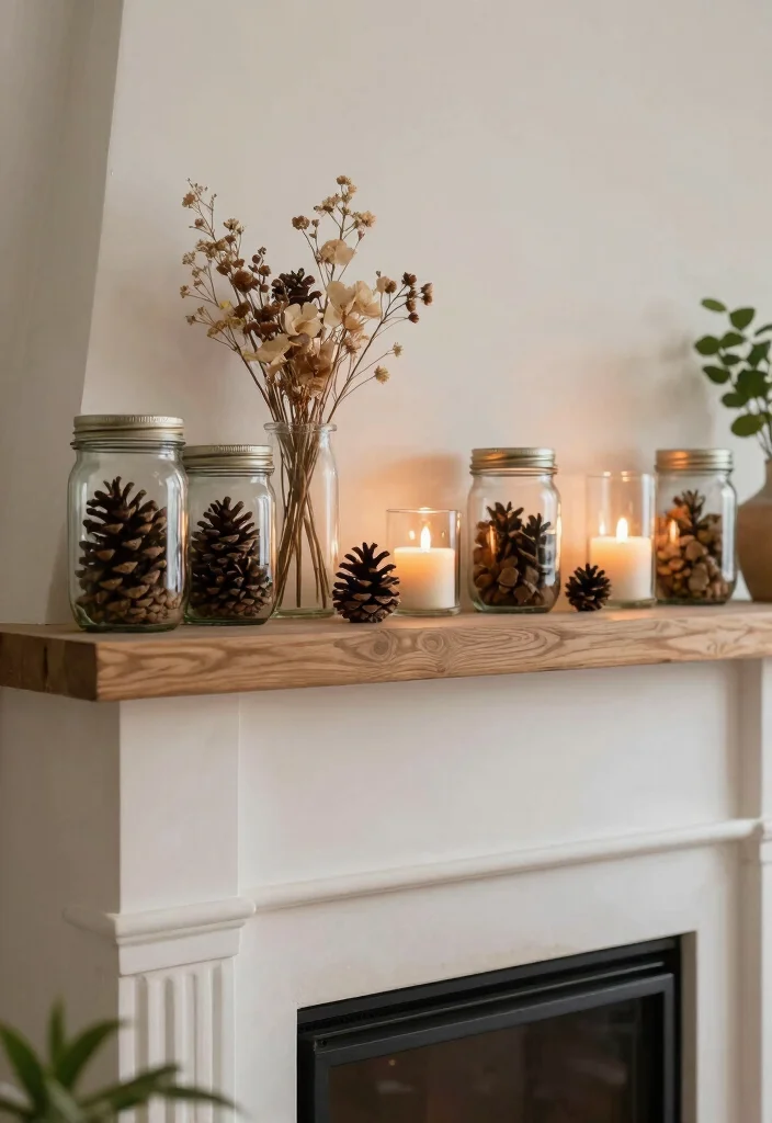 14 Farmhouse Fireplace Ideas with Rustic Warmth 2. Vintage Mason Jars as Decor 0