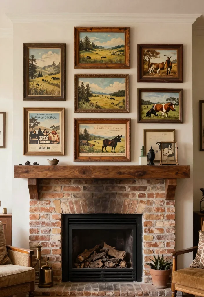 14 Farmhouse Fireplace Ideas with Rustic Warmth 3. Farmhouse Inspired Artwork 0