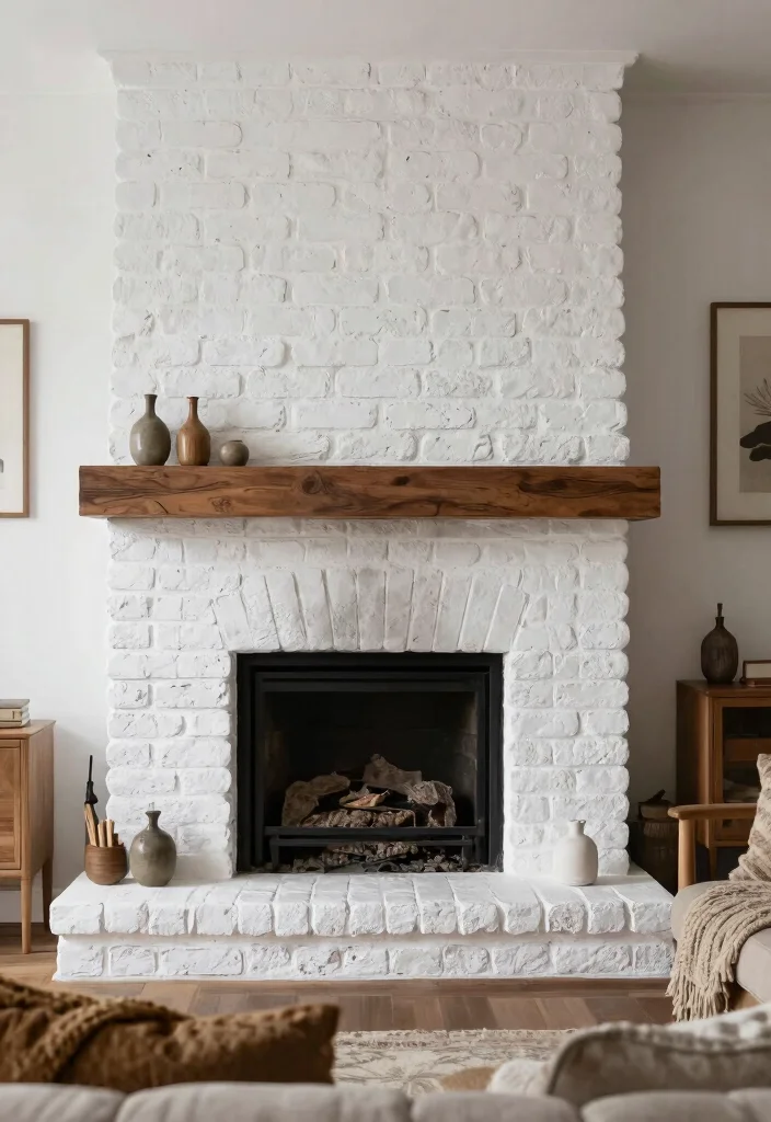 14 Farmhouse Fireplace Ideas with Rustic Warmth 4. Whitewashed Brick 0