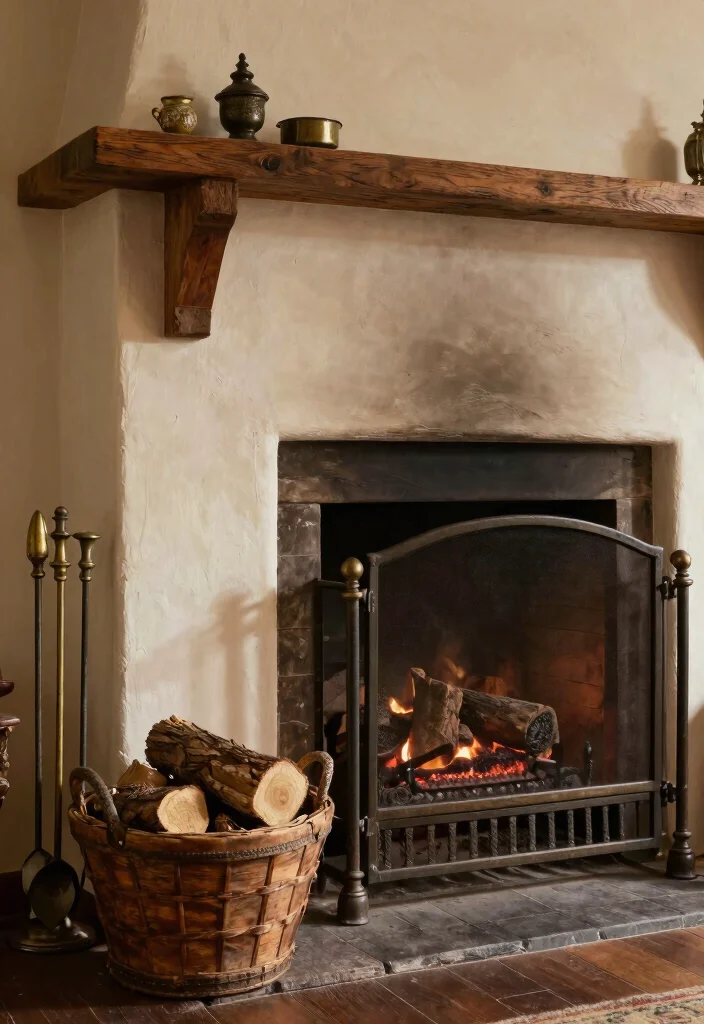 14 Farmhouse Fireplace Ideas with Rustic Warmth 5. Antique Fireplace Accessories 0