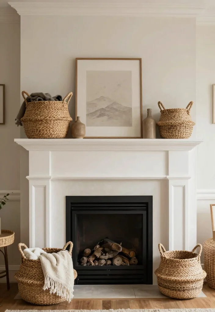 14 Fireplace Decor Ideas to Style the Mantel Year Round 9. Woven Baskets 0