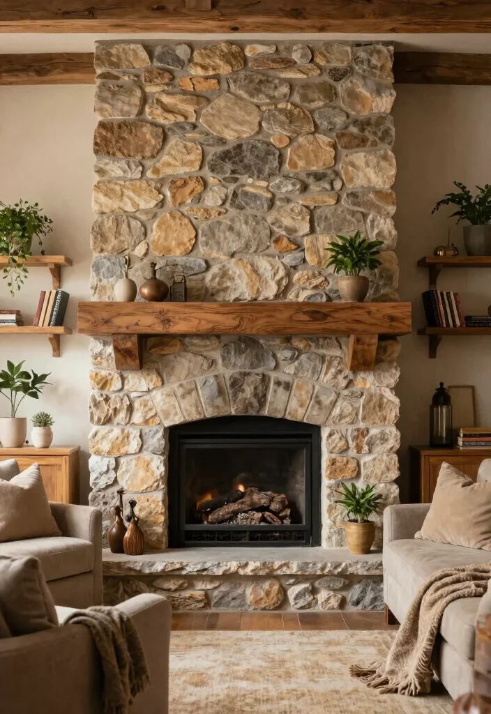 14 Fireplace Ideas to Create a Cozy Living Room Focal Point 12. Rustic Stone Fireplace 0