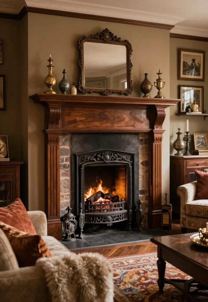 14 Fireplace Ideas to Create a Cozy Living Room Focal Point 6. Vintage Cast Iron Fireplace 0