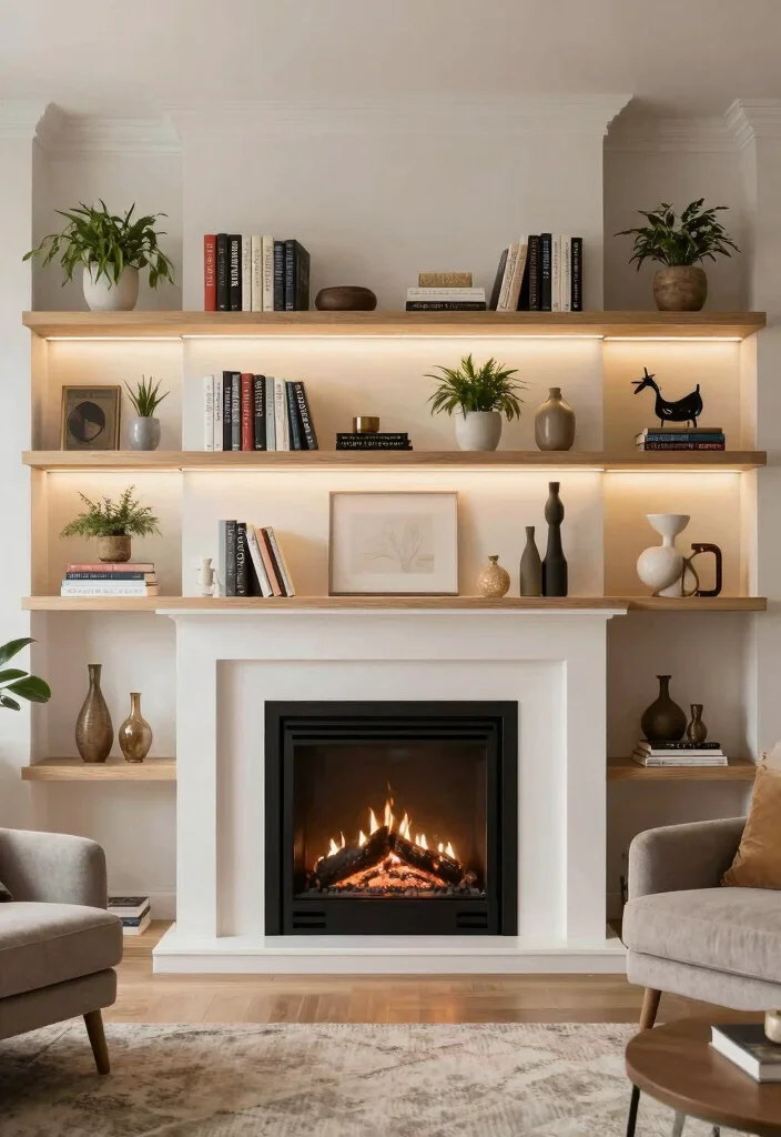 14 Fireplace Wall Ideas for a Strong Visual Statement 9. Floating Shelves 0
