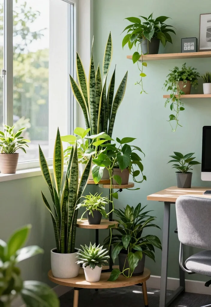 14 Office Decor Ideas to Boost Focus and Motivation 1. Greenery Galore 0