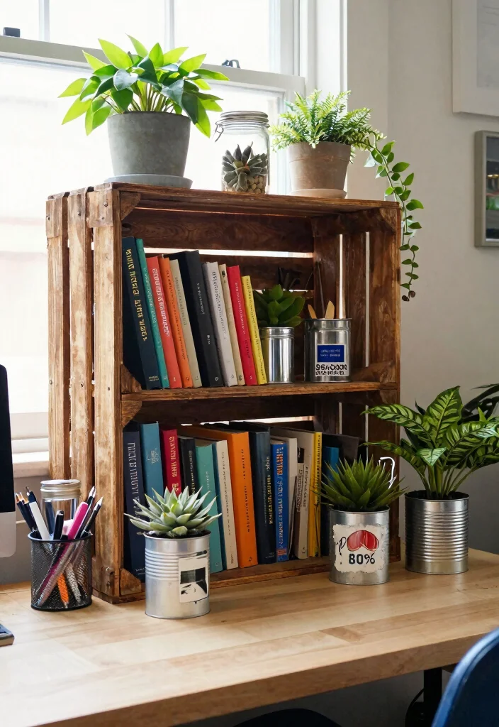 14 Office Decorating Ideas for Work Environments 3. Upcycled Decor Accessories 0