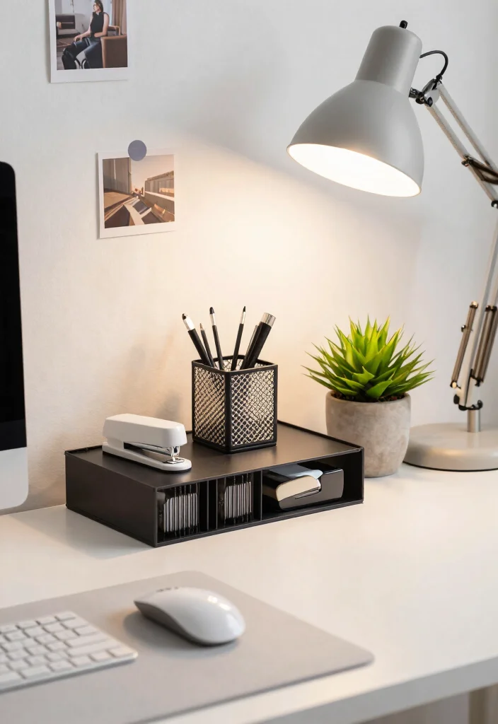 14 Office Ideas Home That Blend with Living Spaces 7. Desk Accessories That Make a Statement 0