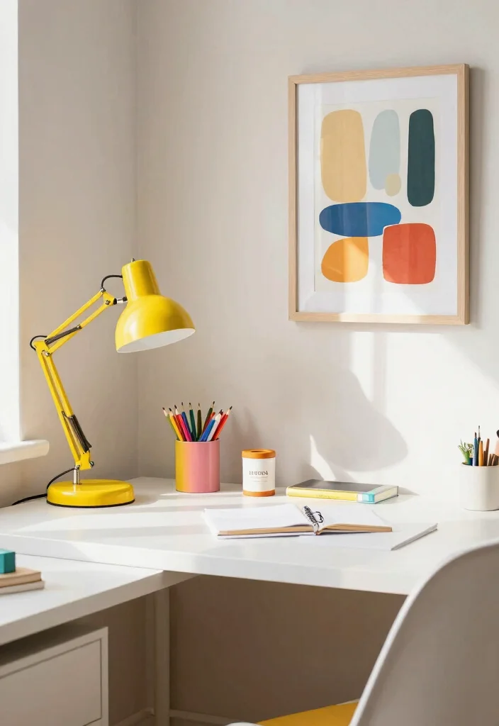 14 Office Ideas Home That Blend with Living Spaces 8. A Pop of Color 0