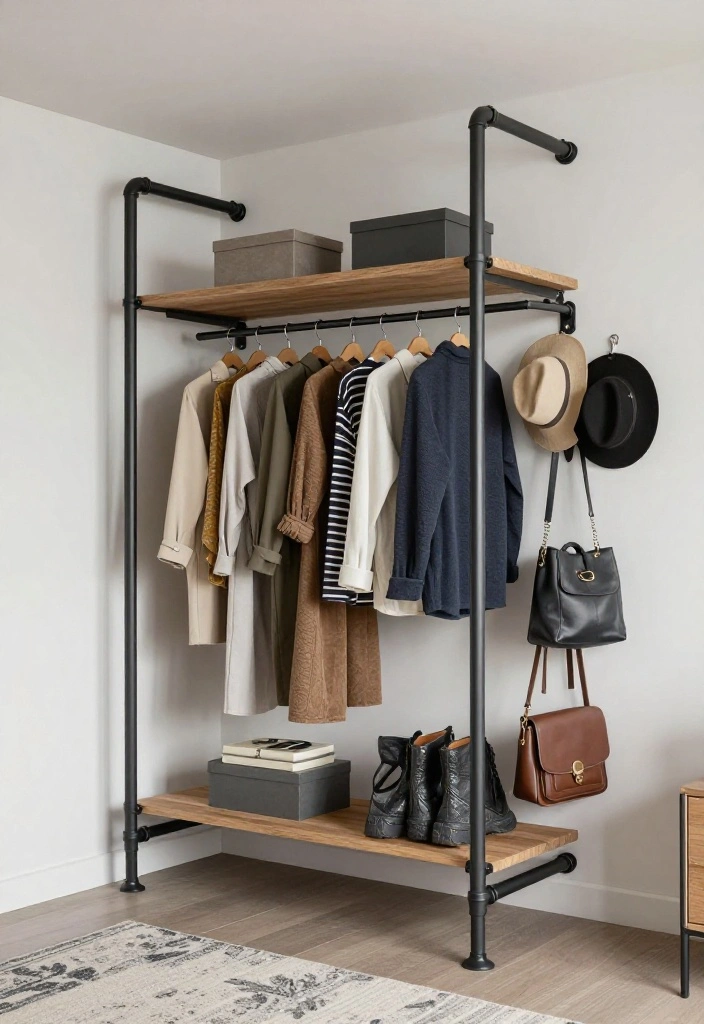 14 Open Closet Ideas for Modern and Airy Bedrooms 12 14 Open Closet Ideas for Modern and Airy Bedrooms 2. Industrial Pipe Wardrobe 0