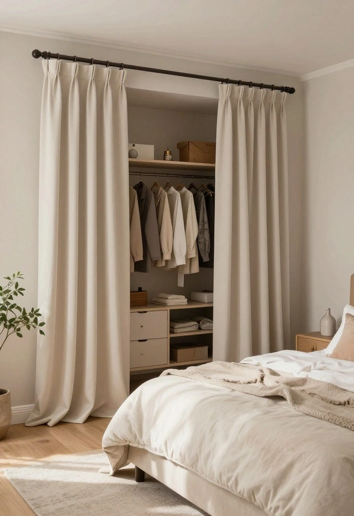 14 Open Closet Ideas for Modern and Airy Bedrooms 23 14 Open Closet Ideas for Modern and Airy Bedrooms 3. Open Closet with Curtain Privacy 0