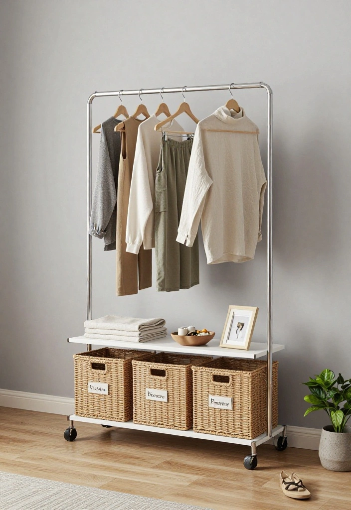 14 Open Closet Ideas for Modern and Airy Bedrooms 24 14 Open Closet Ideas for Modern and Airy Bedrooms 4. Minimalist Rack with Baskets 0