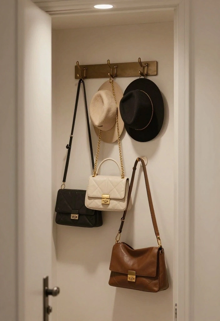 14 Small Walkin Closet Ideas for Tight and Narrow Layouts 11. Add Hooks for Bags and Accessories 0