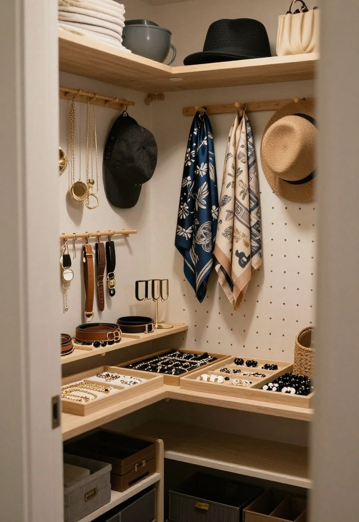 14 Small Walkin Closet Ideas for Tight and Narrow Layouts 8. Create a Dedicated Accessories Station 0