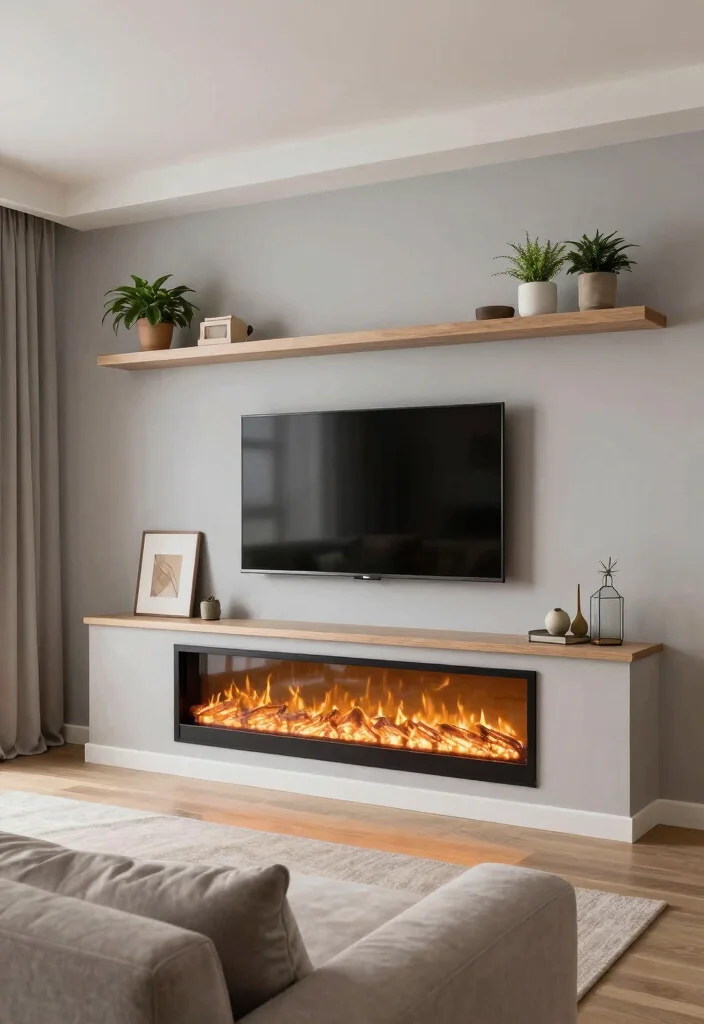 14 TV Fireplace Wall Ideas for Media Focused Rooms 1. Floating Shelves with a Cozy Electric Fireplace 0