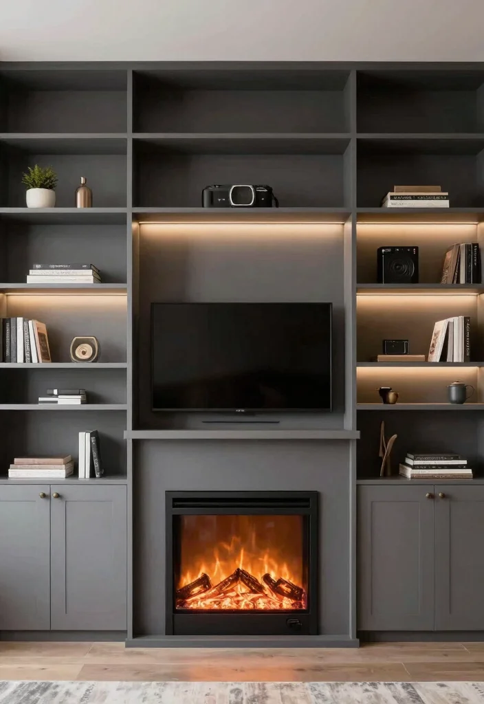 14 TV Fireplace Wall Ideas for Media Focused Rooms 11. Multi Level Media Wall with Fireplace 0