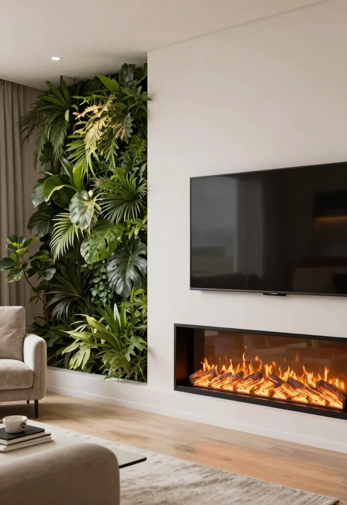 14 TV Fireplace Wall Ideas for Media Focused Rooms 13. Vertical Garden with Integrated Fireplace and TV 0