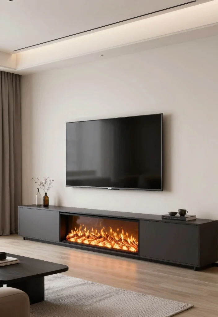 14 TV Fireplace Wall Ideas for Media Focused Rooms 14. Streamlined Integrated Media Console with Fireplace 0
