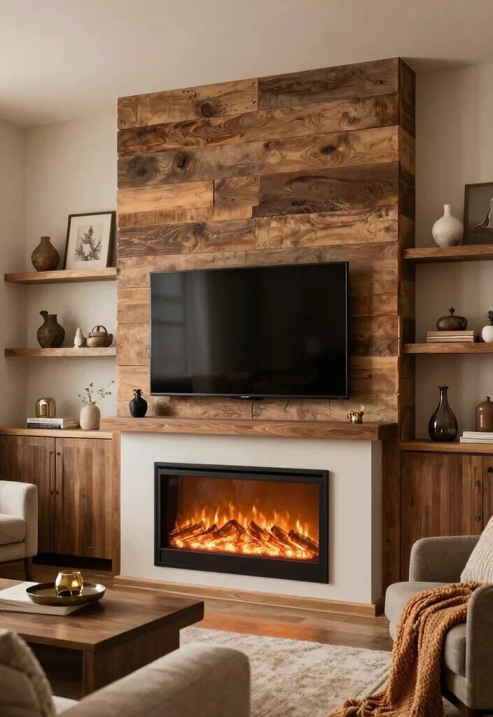 14 TV Fireplace Wall Ideas for Media Focused Rooms 4. Rustic Wood Accents with a Modern Fireplace 0