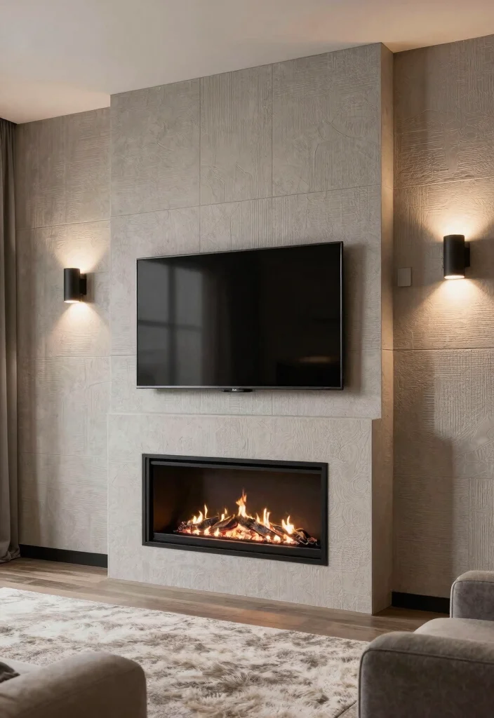 14 TV Fireplace Wall Ideas for Media Focused Rooms 6. Textured Wall Panels with a Central Fireplace 0